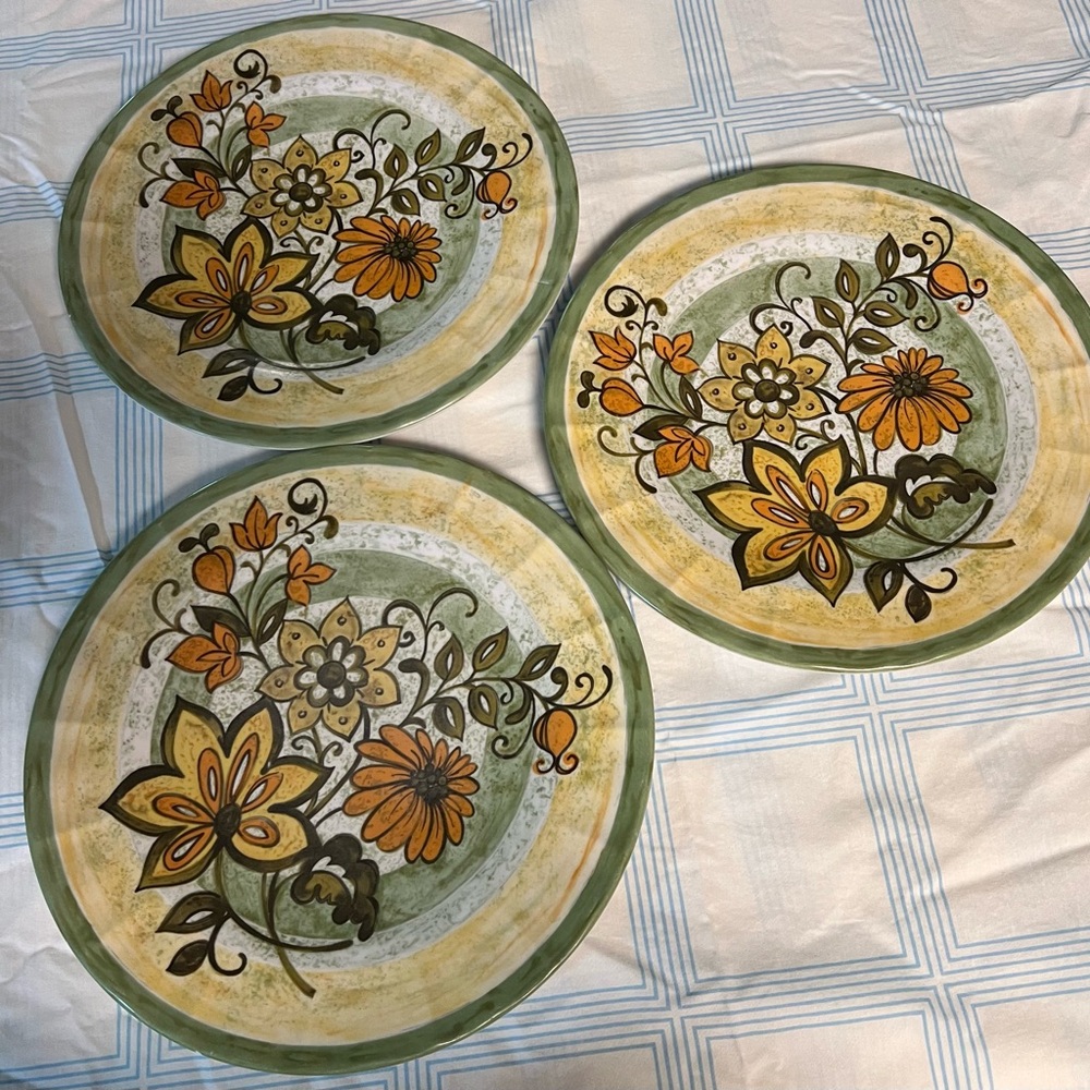 Vintage Prolon Melamine MCM  Dinnerware Flower yellow Set 3 10" plates Sunflower